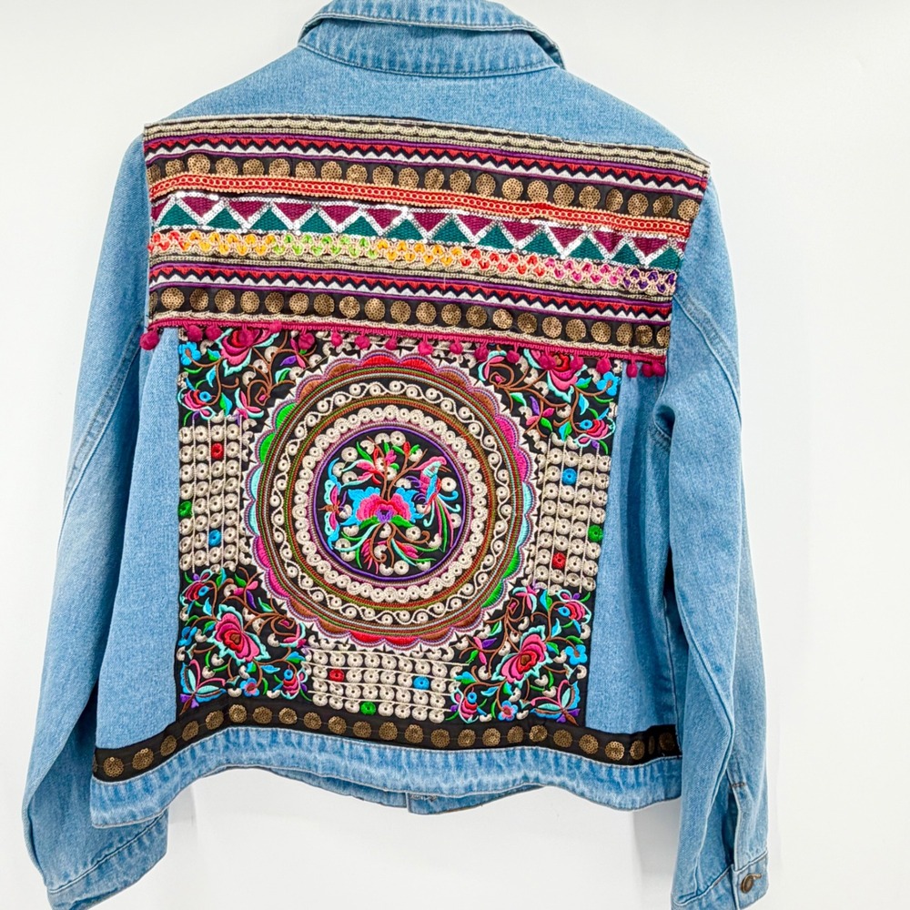 Boho Embroidered Distressed Denim Jacket Light Wash Floral Mandala Pom Pom Large
